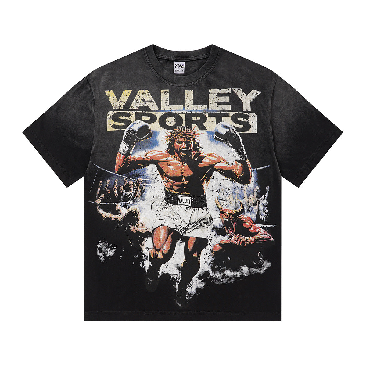 Vale Forever Jesus Vs Hellboy Sand Tee Vintage Boxing Graphic Streetwear T‑Shirt