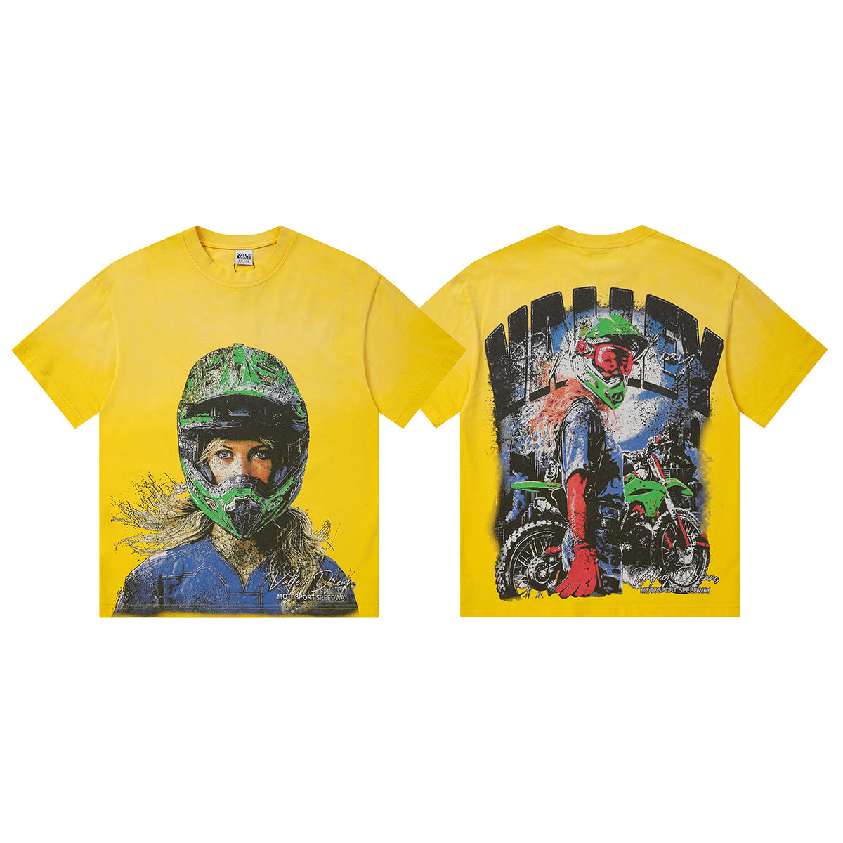 Vale Forever Motocroxxx Tee Yellow Wash Front & Back Dirt Bike Graphic Streetwear T‑Shirt