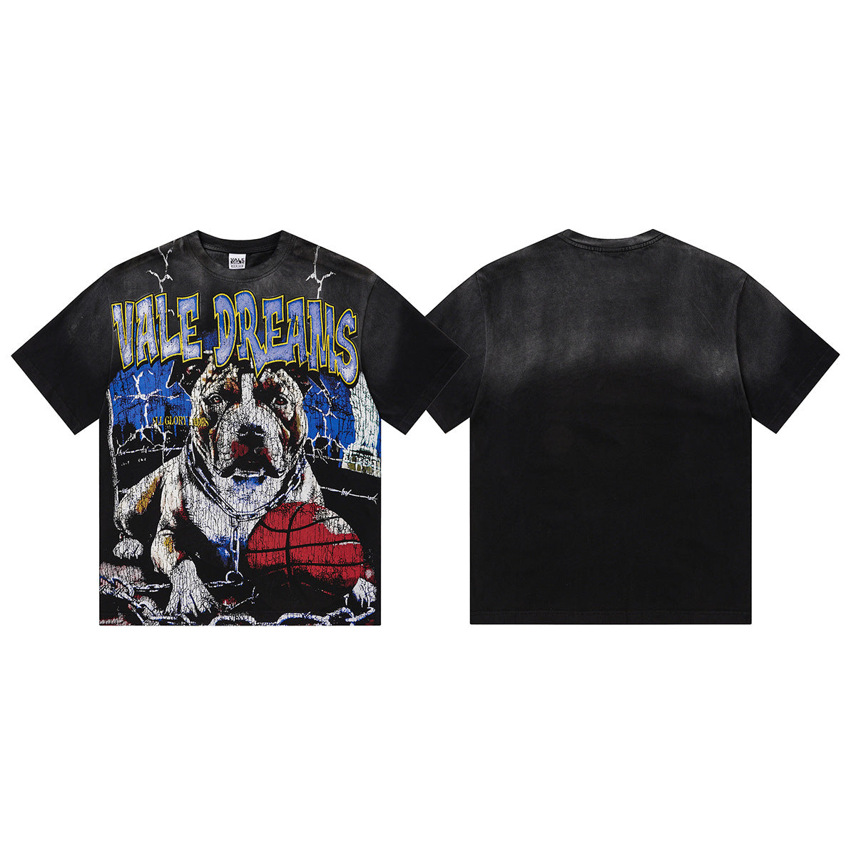 Vale Forever Vale Dreams Pitbull Vintage Washed Oversized Graphic T‑Shirt | Heavyweight Distressed Streetwear Black Tee